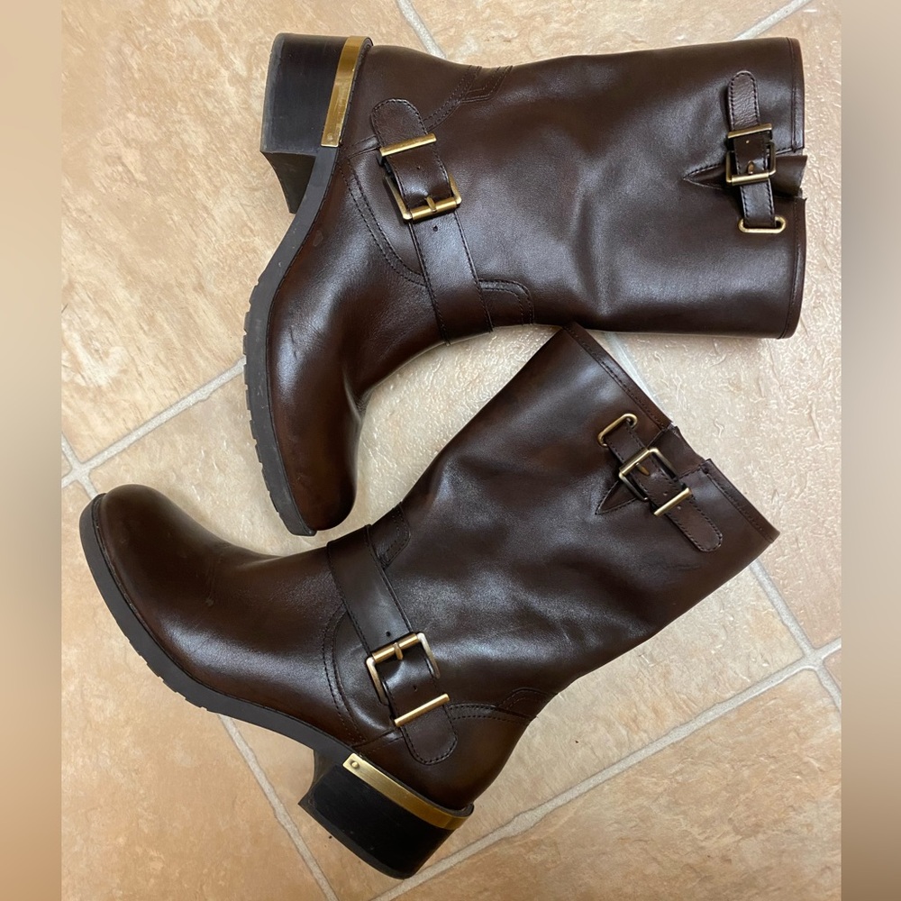 Brown Leather Buckle Boots Vince Camuto Calf Height with Heel Brass
